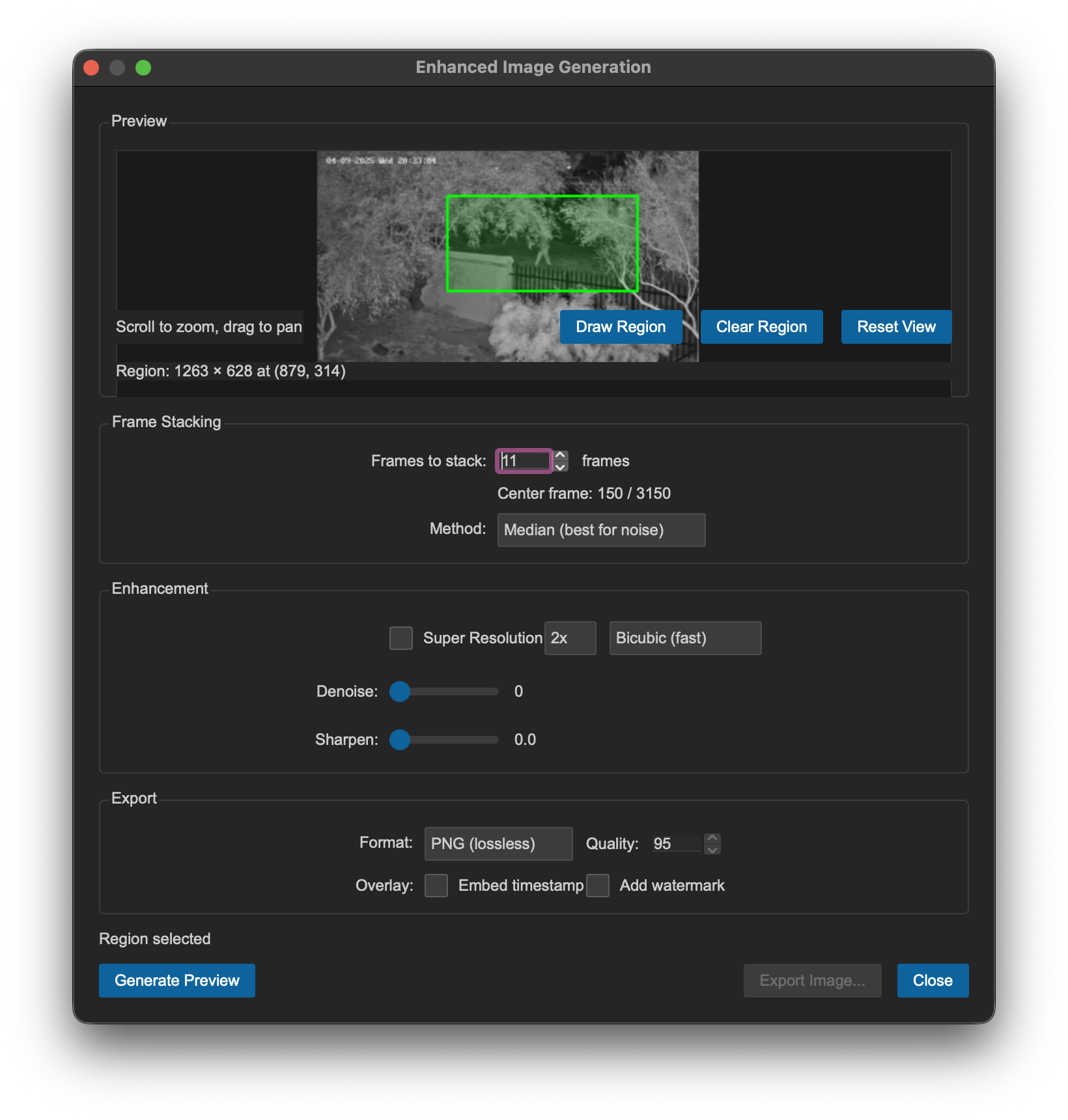 ThreatSight image enhancement dialog with ROI selection, stacking method, and super-resolution