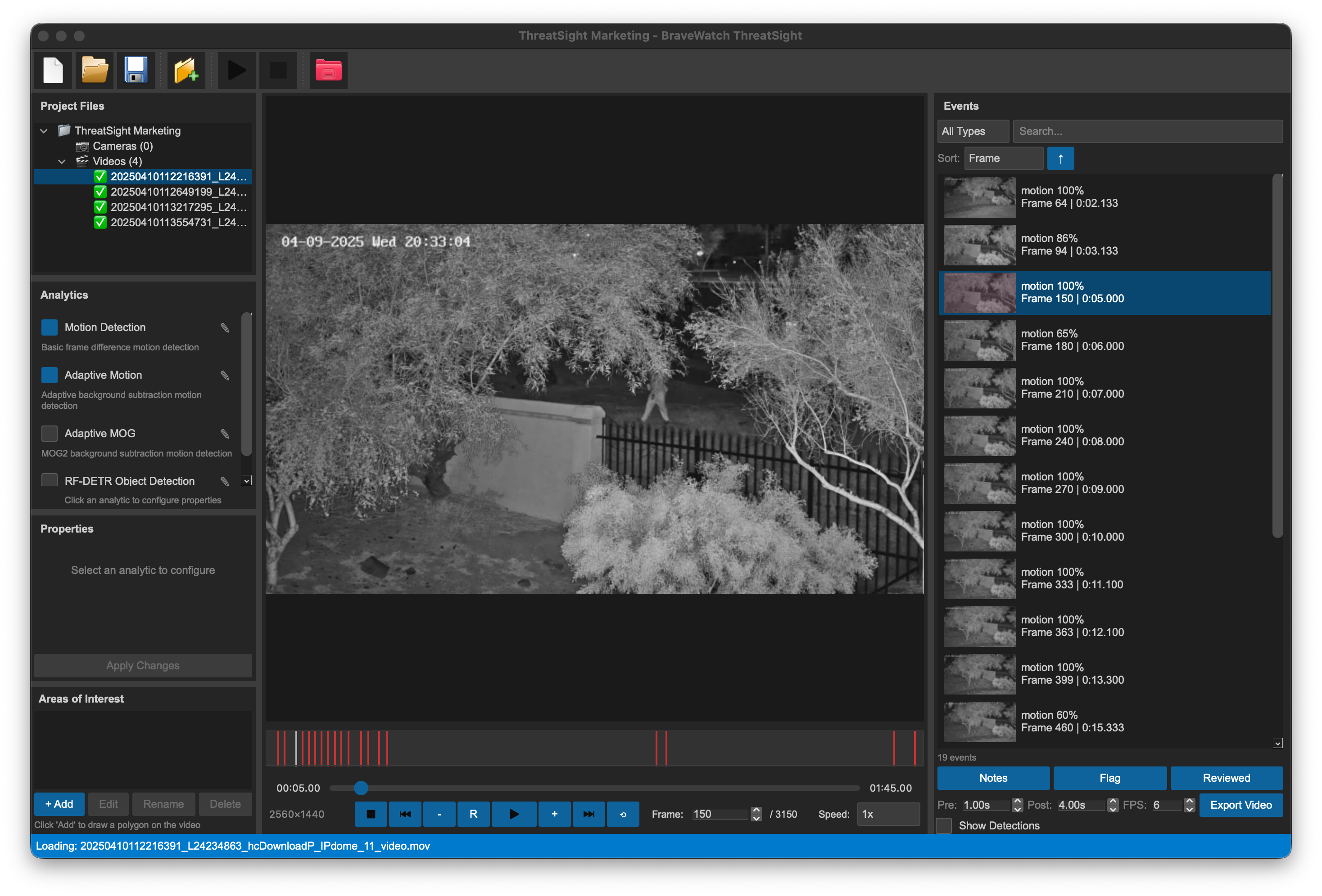 BraveWatch ThreatSight main workspace with project tree, video playback, hot frames graph, and event thumbnails