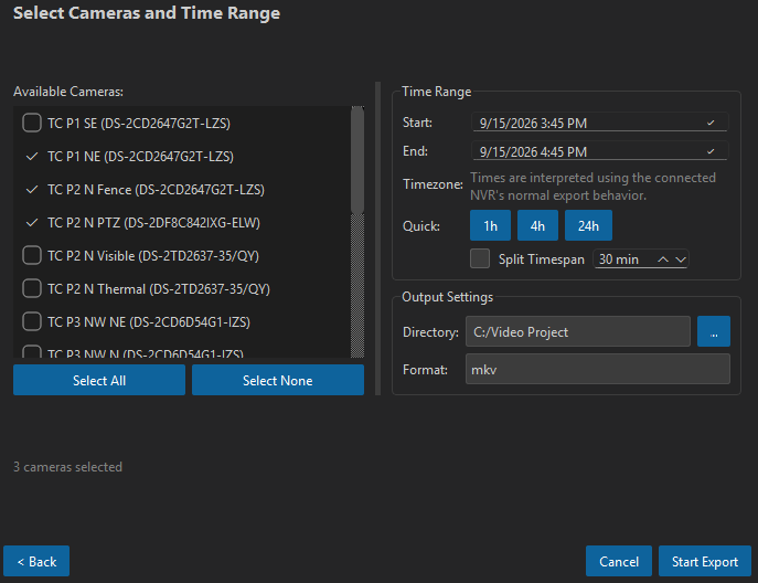 ThreatSight NVR import camera selection with start and end time and destination path