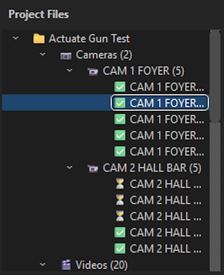 ThreatSight project files pane with case project, camera videos, views, and event counts